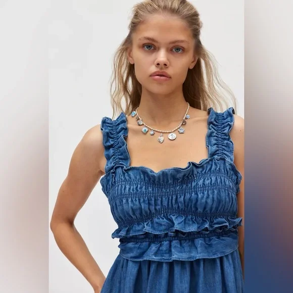 Kimchi Blue Kenzie Empire Waist Bow Back Denim Maxi Dress new S Kimchi Blue Kenzie Empire Waist Bow Back Denim Maxi Dress new S